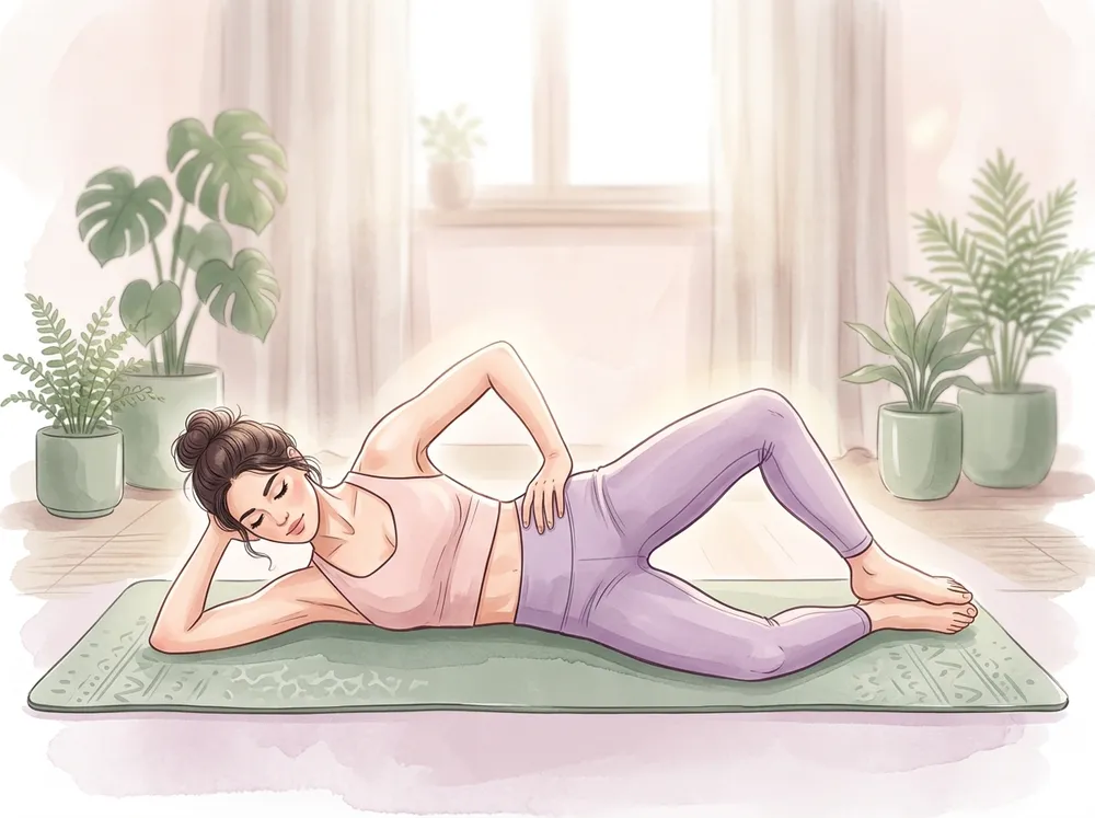Illustration of side-lying clamshell exercise form on a pastel yoga mat: knees bent 45 degrees, feet together, top knee opening upward