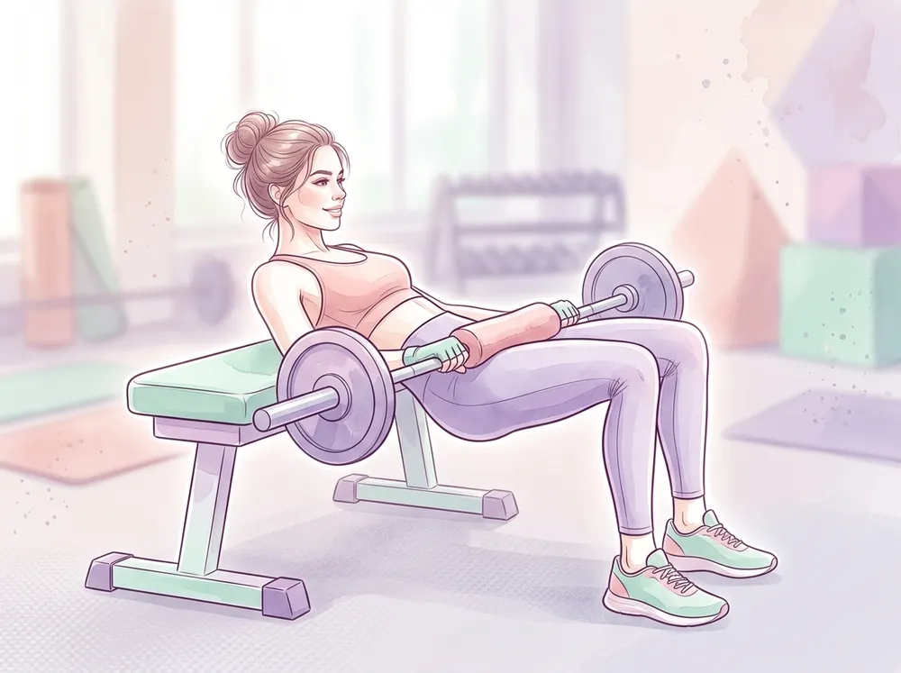 Illustration of correct barbell hip thrust form: bench below shoulder blades, vertical shins at 90 degrees, chin tucked, glutes squeezed at top