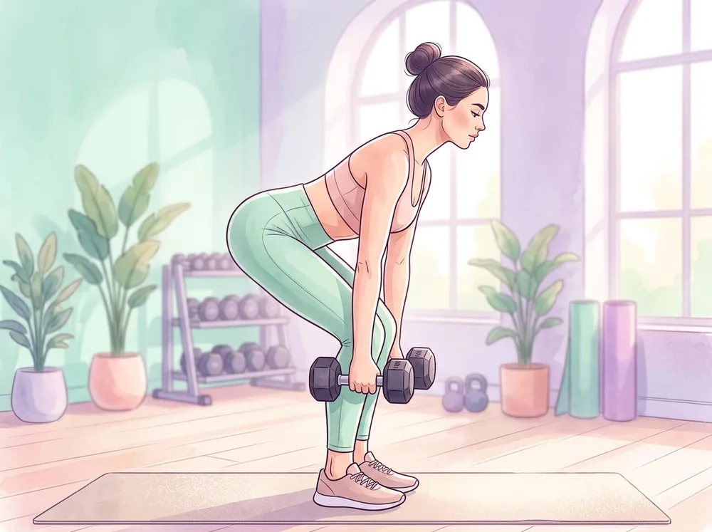 Illustration of Romanian Deadlift (RDL) form: hips hinging backward, flat neutral spine, weights close to shins
