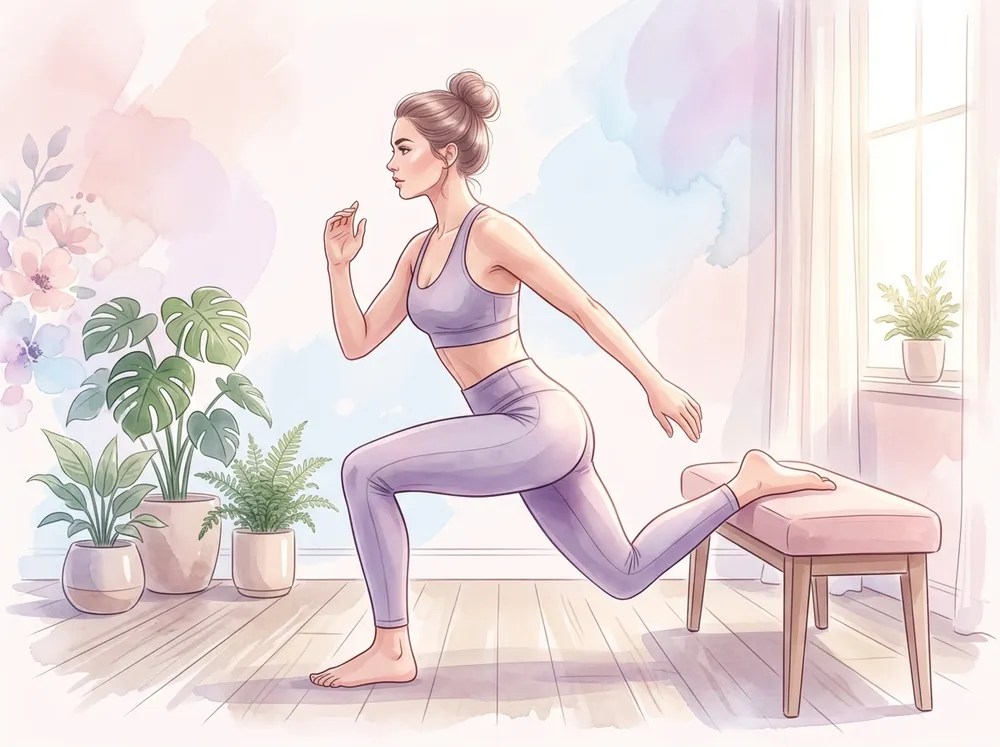 Illustration of Bulgarian Split Squat form: rear foot elevated on a bench, torso leaned 30 degrees forward loading the glute