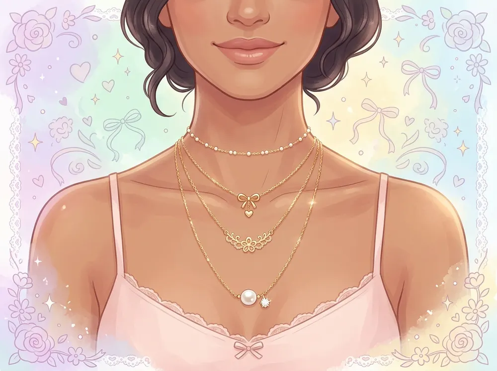 A neck and collarbone showing four necklaces at choker, princess, matinee and opera lengths