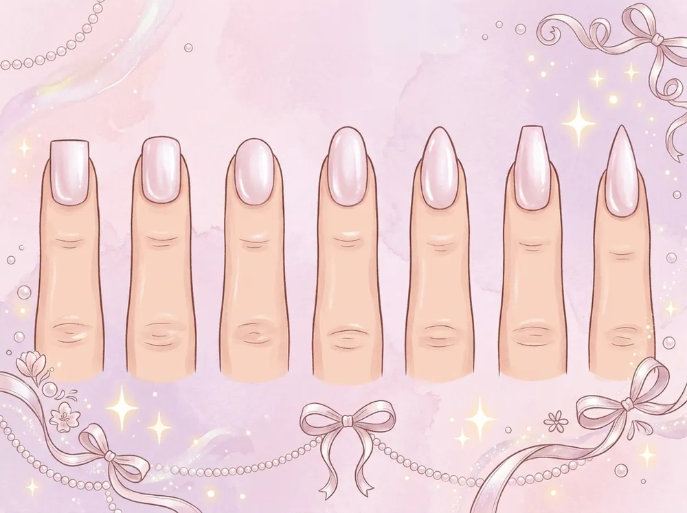 Seven fingernails side by side showing square, squoval, round, oval, almond, coffin and stiletto shapes