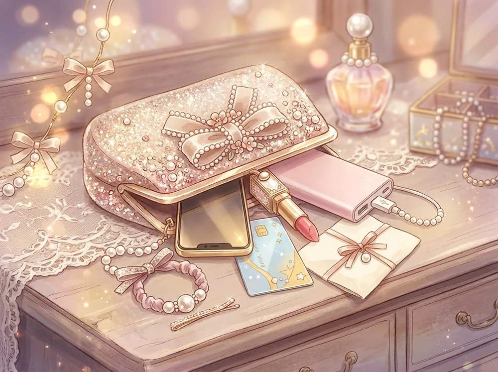 A small evening clutch open on a dresser showing a phone, a power bank, a lipstick, a card, a hair tie and a folded note