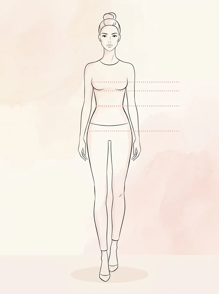 Outline of a figure showing tape positions at bust, underbust, waist and hips